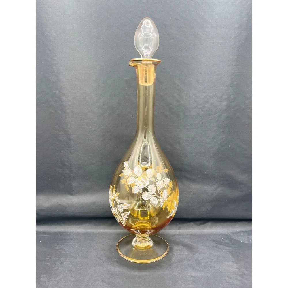 Vtg Amber Glass Decanter Floral Hand Painted Barware Carafe 13.5